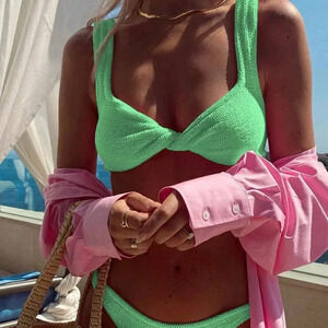 Green Sexy Women's Ruched Texture Twist Front Bikini Set